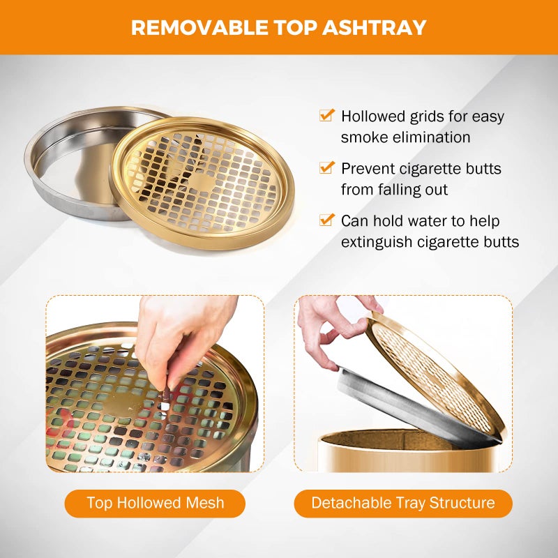 BEAMNOVA Trash Can with Lid Outdoor Indoor Stainless Steel Commercial Garbage Bin Waste Container for Patio Yard Garage with Inside Barrel, Gold, 9.8 in x 24 in (D * H) - Image 5